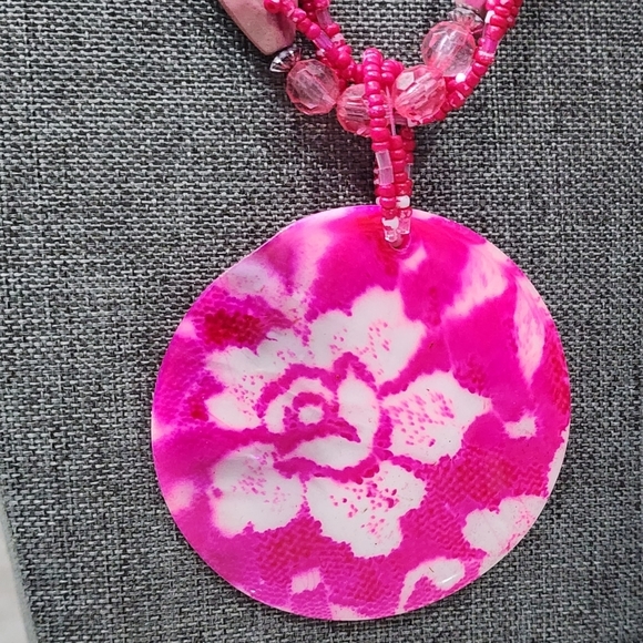 Vibrant Pink Floral Pendant Necklace with Beaded Strands, Eclectic Boho Chic - Picture 2 of 9